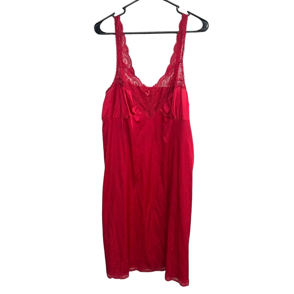 Vintage Vassarette Red Satin Slip Dress 38 LL Lace Nightgown Romantic Coquette - Picture 2 of 7